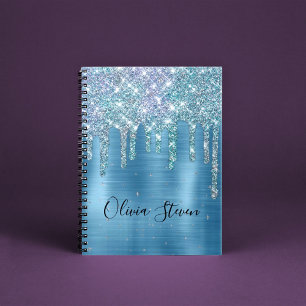 Chic-ijsblauw aqua dripping glitter monogram notitieboek
