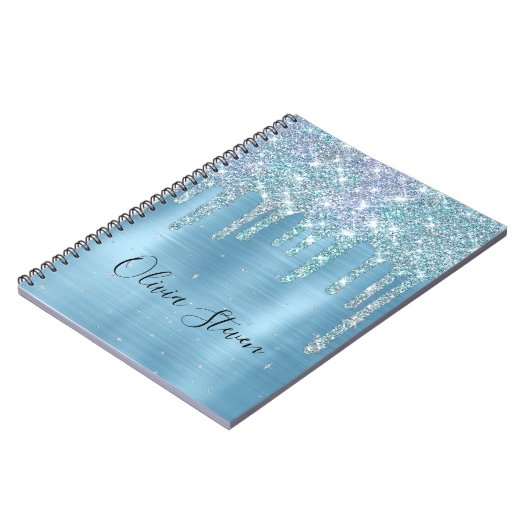 Chic-ijsblauw aqua dripping glitter monogram notitieboek (Linkerzijde)