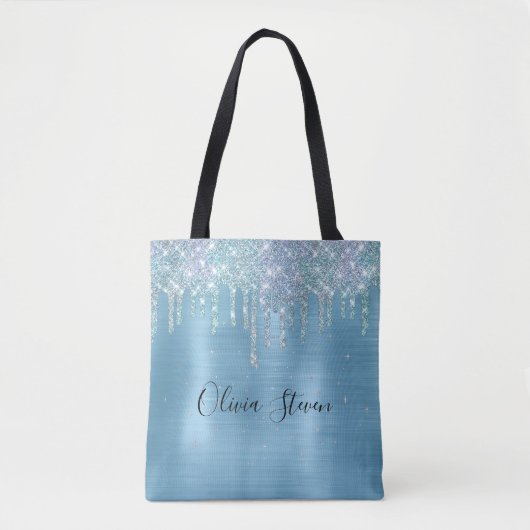 Chic-ijsblauw aqua dripping glitter monogram tote bag (Voorkant)