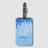 Chic-ijsblauw ombre glitter druppelt monogram bagagelabel (Voorkant (verticaal))