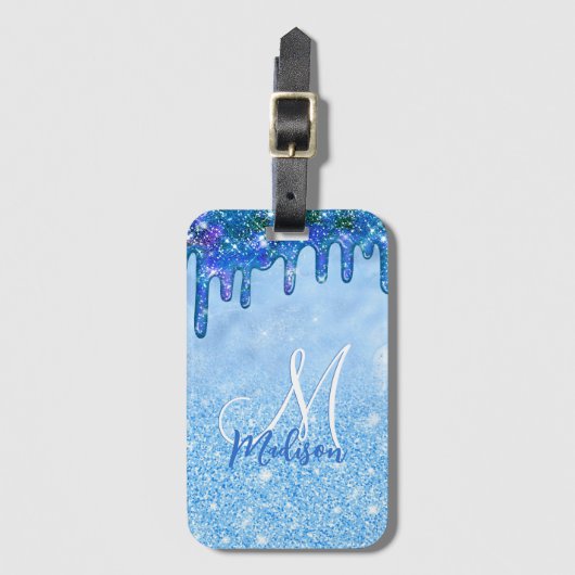 Chic-ijsblauw ombre glitter druppelt monogram bagagelabel (Voorkant (verticaal))