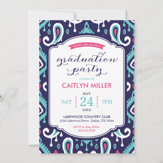 Chic Ikat Paisley Graduation Party Invitation Kaart (Voorkant)