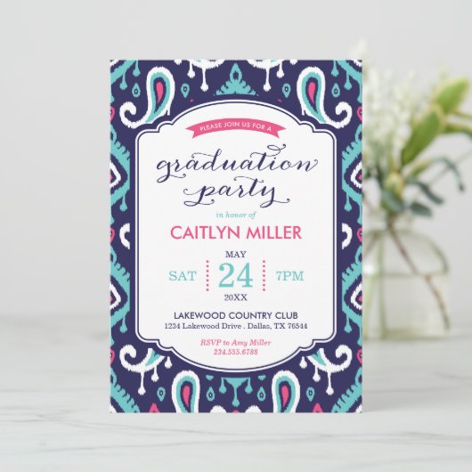Chic Ikat Paisley Graduation Party Invitation Kaart (Staand voorkant)
