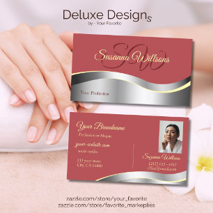 Chic Indian Red Wavy Silver Decor Initialen Foto Visitekaartje