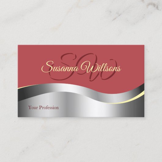 Chic Indian Red Wavy Silver Decor Initialen Foto Visitekaartje (Voorkant)