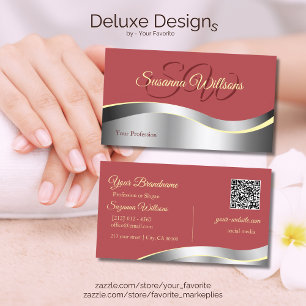 Chic Indian Red Wavy Silver Decor Initialen QR-cod Visitekaartje