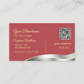 Chic Indian Red Wavy Silver Decor Logo en QR-code Visitekaartje (Achterkant)