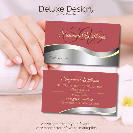 Chic Indian Red Wavy Silver Decor met Initialen Visitekaartje