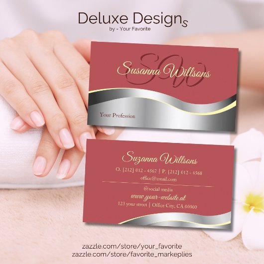 Chic Indian Red Wavy Silver Decor met Initialen Visitekaartje