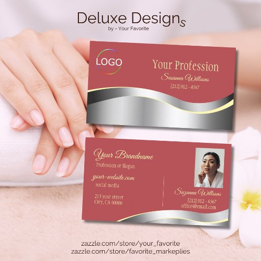 Chic Indian Red Wavy Silver Decor met Logo Foto Visitekaartje