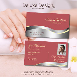 Chic Indian Red Wavy Silver Decor met Photo Smart Visitekaartje