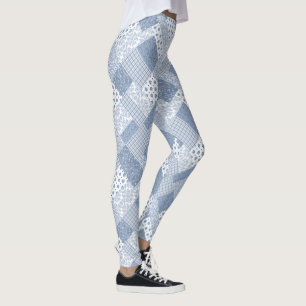 Chic Indigo Blue en White Faux Patchwork Pattern Leggings