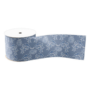 Chic Indigo Blue Ethnic Floral Grosgrain Ribbon Lint