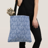 Chic Indigo Blue Floral Faux Lace Pattern Tote Bag (Dichtbij)