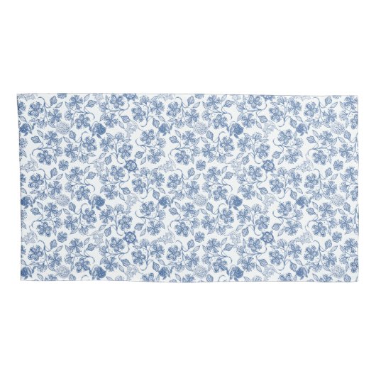 Chic Indigo Blue op White Ethnic Floral Print Kussensloop (Achterkant-Rechts)
