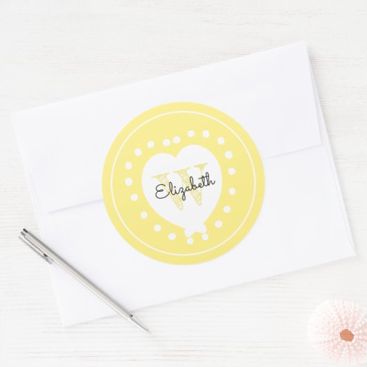 Chic Initiaal Letter Monogram Geel Wit Hart Ronde Sticker (Envelop)