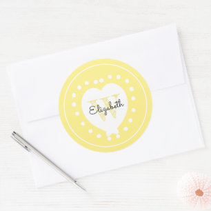 Chic Initiaal Letter Monogram Geel Wit Hart Ronde Sticker