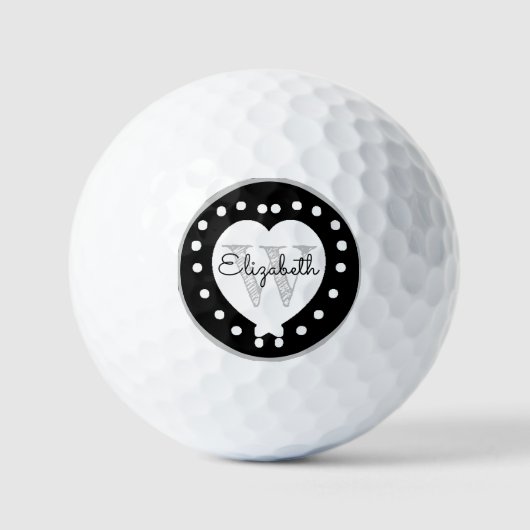 Chic Initiaal Letter Monogram Zwart wit hart Golfballen (Voorkant)