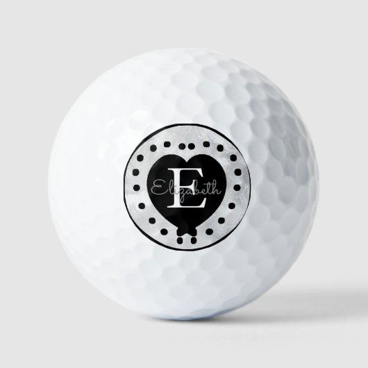 Chic Initiaal Monogram zwart wit grijs hart Golfballen (Voorkant)