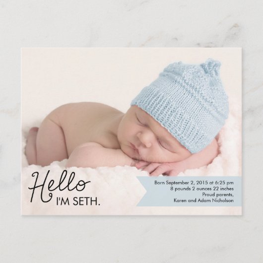 Chic Introduction Birth Announcement - Blue Aankondigingskaart (Voorkant)