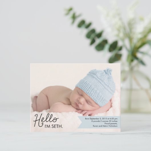 Chic Introduction Birth Announcement - Blue Aankondigingskaart (Staand voorkant)