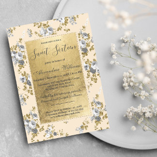 Chic iory grijs goud glitter floral Sweet 16 Invit Kaart