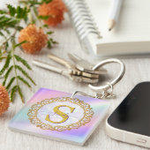 Chic Iridescent Initial With Gold Scrollwork Sleutelhanger (Voorkant Rechts)