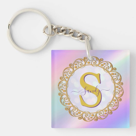 Chic Iridescent Initial With Gold Scrollwork Sleutelhanger (voorkant)