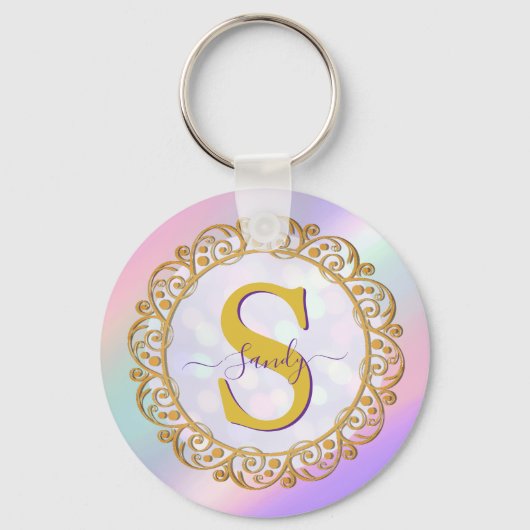 Chic Iridescent Initial With Gold Scrollwork Sleutelhanger (Voorkant)