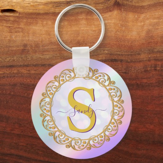 Chic Iridescent Initial With Gold Scrollwork Sleutelhanger (Achterkant)