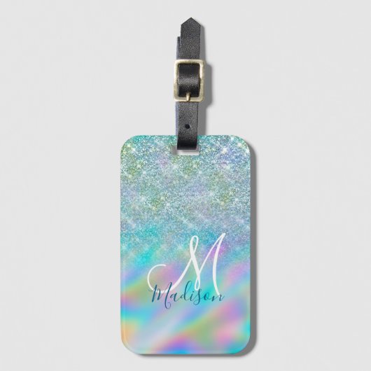 Chic iridescent ombre blue faux monogram bagagelabel (Voorkant (verticaal))