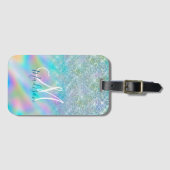 Chic iridescent ombre blue faux monogram bagagelabel (Voorkant (horizontaal))