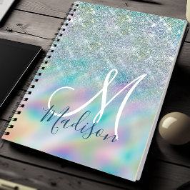 Chic iridescent ombre blue faux monogram notitieboek