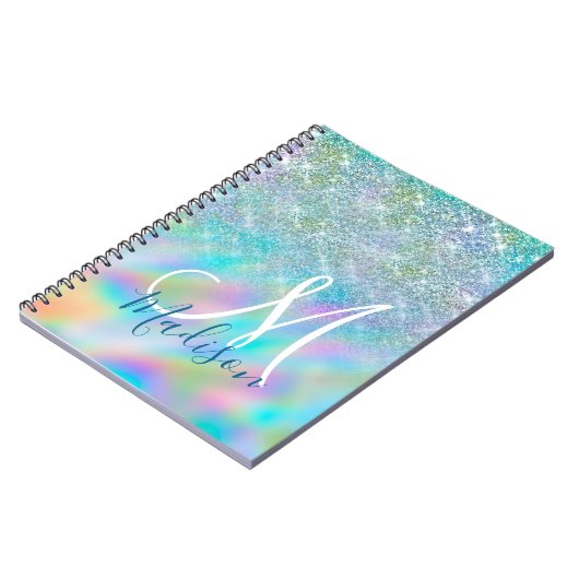 Chic iridescent ombre blue faux monogram notitieboek (Linkerzijde)
