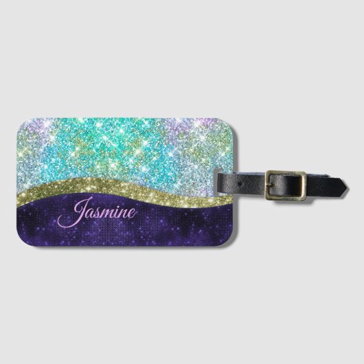 Chic Iridescent paars-blauwe faux-monogram Bagagelabel (Voorkant (horizontaal))