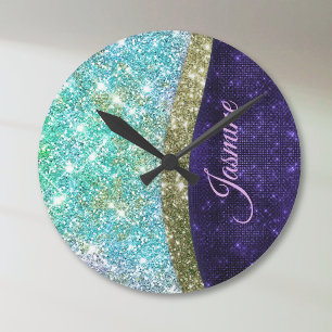 Chic Iridescent paars-blauwe faux-monogram Ronde Klok