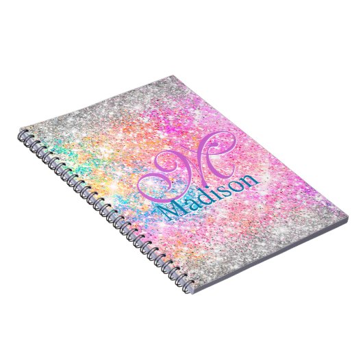 Chic iridescent roze faux glitter monogram notitieboek (Rechterzijde)