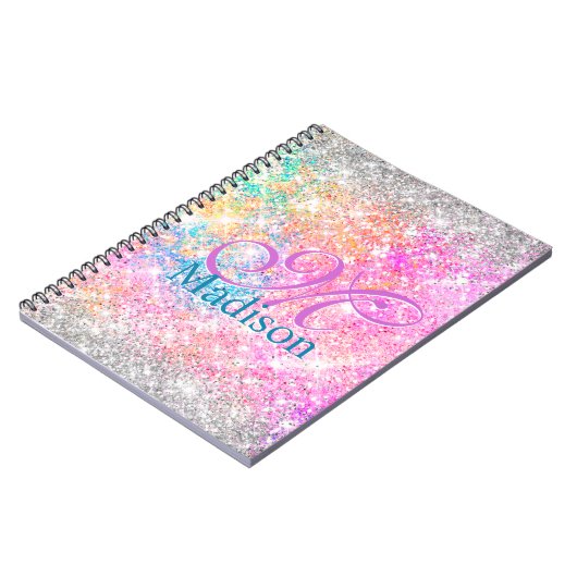 Chic iridescent roze faux glitter monogram notitieboek (Linkerzijde)