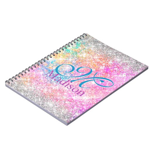 Chic iridescent roze faux glitter monogram notitieboek (Linkerzijde)