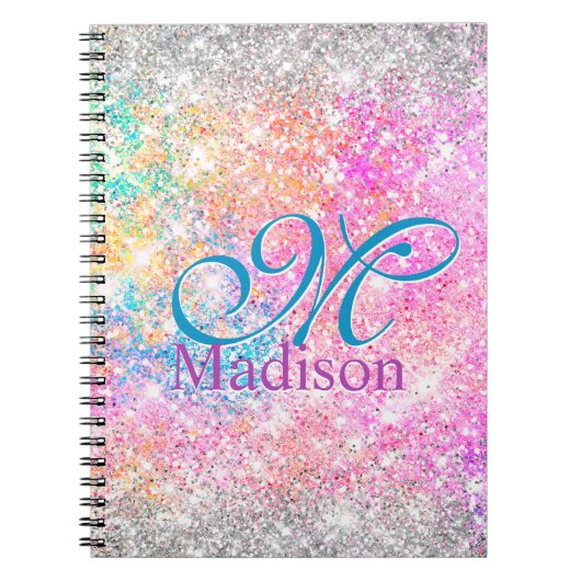 Chic iridescent roze faux glitter monogram notitieboek (Voorkant)