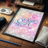 Chic iridescent roze faux glitter monogram notitieboek