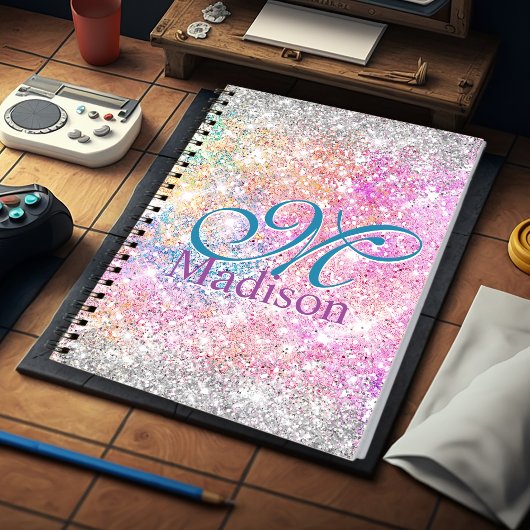 Chic iridescent roze faux glitter monogram notitieboek