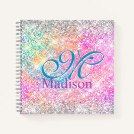 Chic iridescent roze faux glitter monogram notitieboek