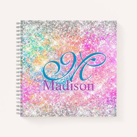 Chic iridescent roze faux glitter monogram notitieboek (Voorkant)