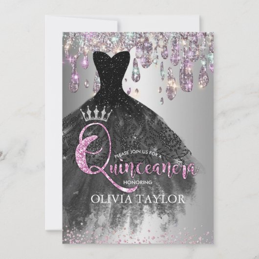 Chic Iridescent Silver Glitter druppelt Quinceaner Kaart (Voorkant)
