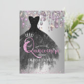 Chic Iridescent Silver Glitter druppelt Quinceaner Kaart (Staand voorkant)