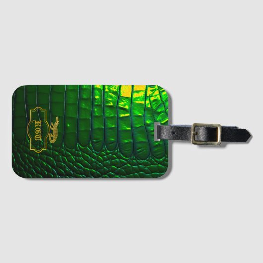 Chic iriserende groene faux krokodil monogram bagagelabel (Voorkant (horizontaal))