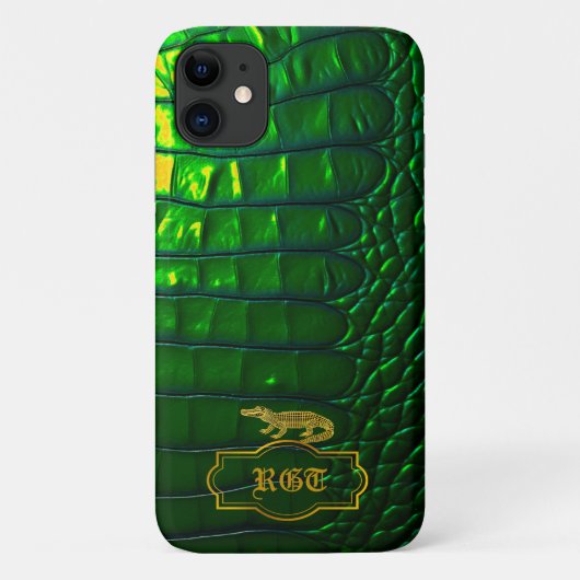 Chic iriserende groene faux krokodil monogram Case-Mate iPhone case (Achterkant)