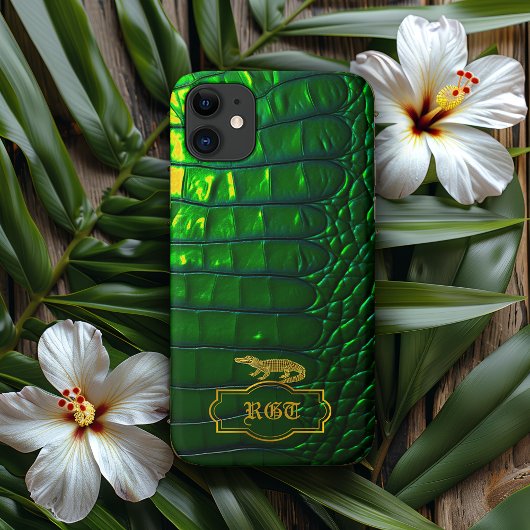 Chic iriserende groene faux krokodil monogram Case-Mate iPhone case