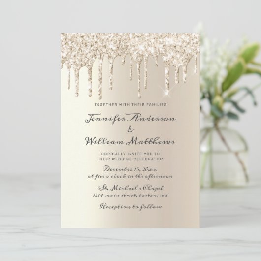 Chic Ivory Driving Glitter Elegant Script Wedding Kaart (Staand voorkant)